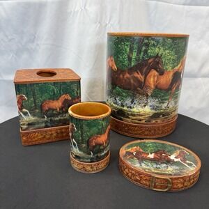 Vintage Spring Creek C. Cummings Soap Dish, Kleenex, Toothbrush & Trash Horses